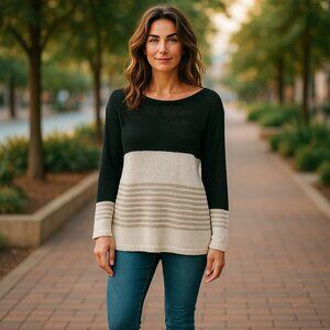 * NEWPORT NEWS Easy Style Black Tan White Sweater Ladies Large